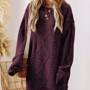 Burgundy Casual Women's Oversized Knitted Sweater Dress with Drop Shoulder